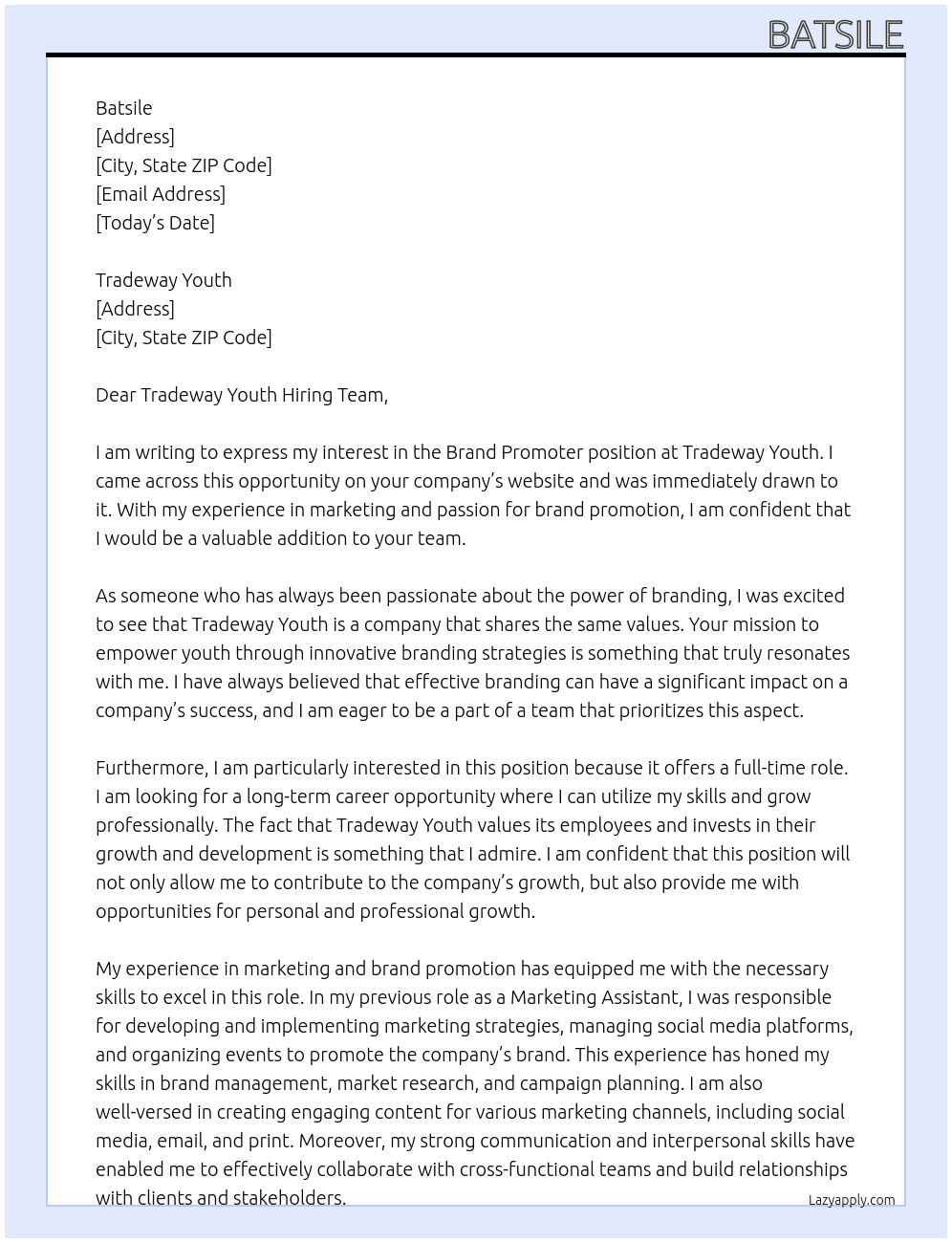 Brand peomoter At Tradeway youth Cover Letter
