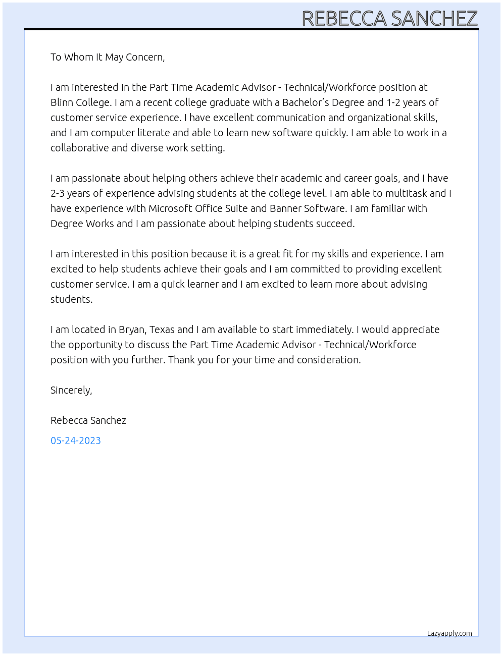 Part Time Academic Advisor - Technical/Workforce At Blinn College Cover Letter