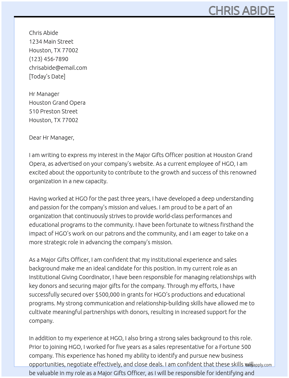 Major Gifts Officer At Houston Grand Opera Cover Letter