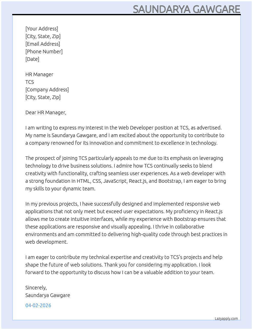 Web Developer At TCS Cover Letter