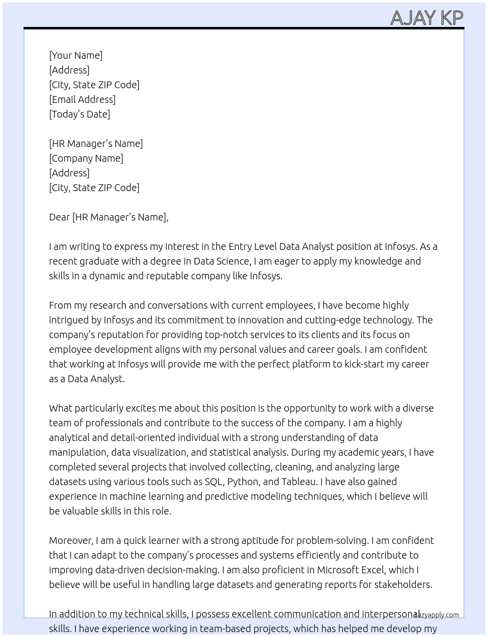 Entry Level Data Analyst At Infosys Cover Letter