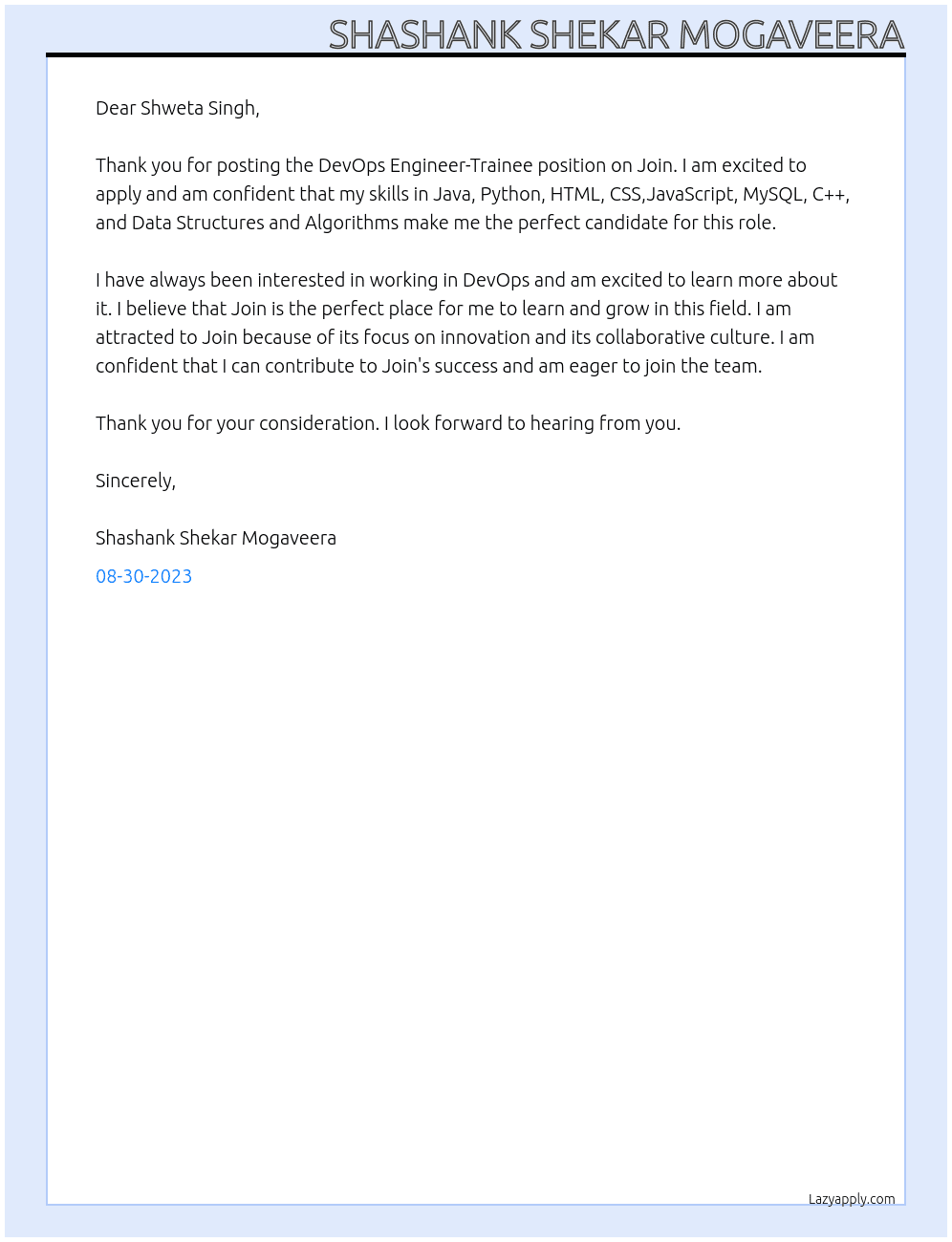 DevOps Engineer-Trainee  At Join Cover Letter