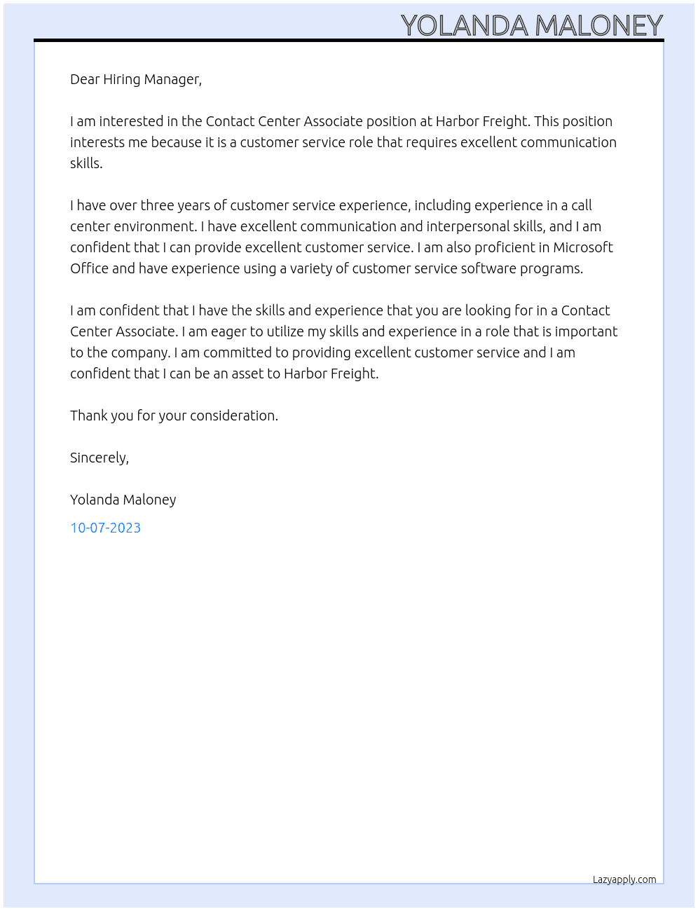 Contact Center Associate At Harbor Frieght Cover Letter