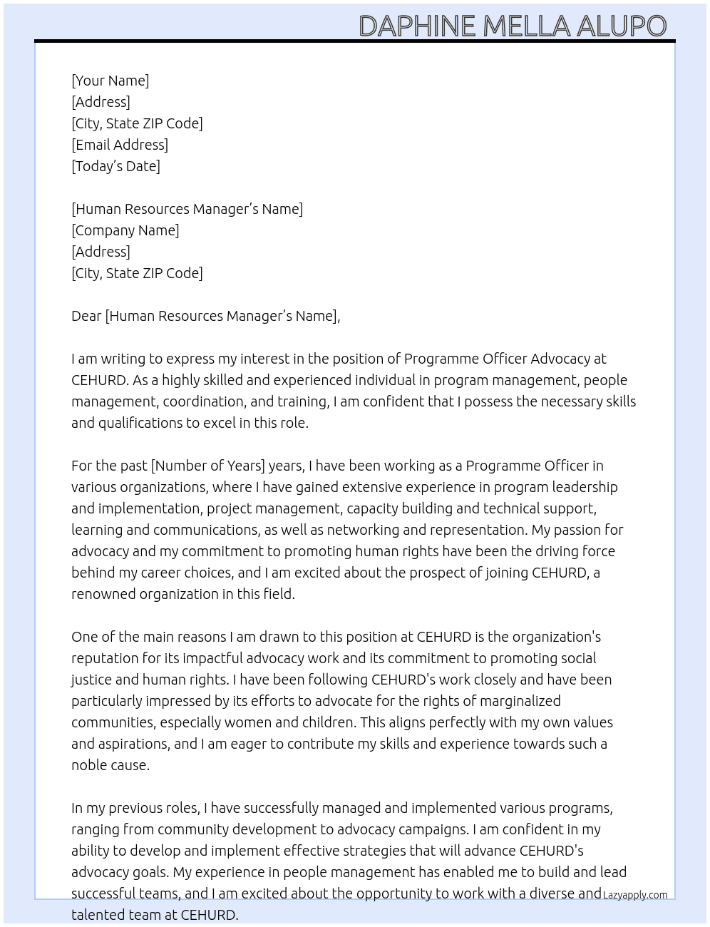Programme Officer Advocacy  At CEHURD  Cover Letter