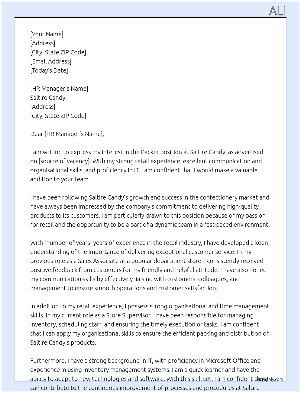 Packer At Saltire Candy Cover Letter