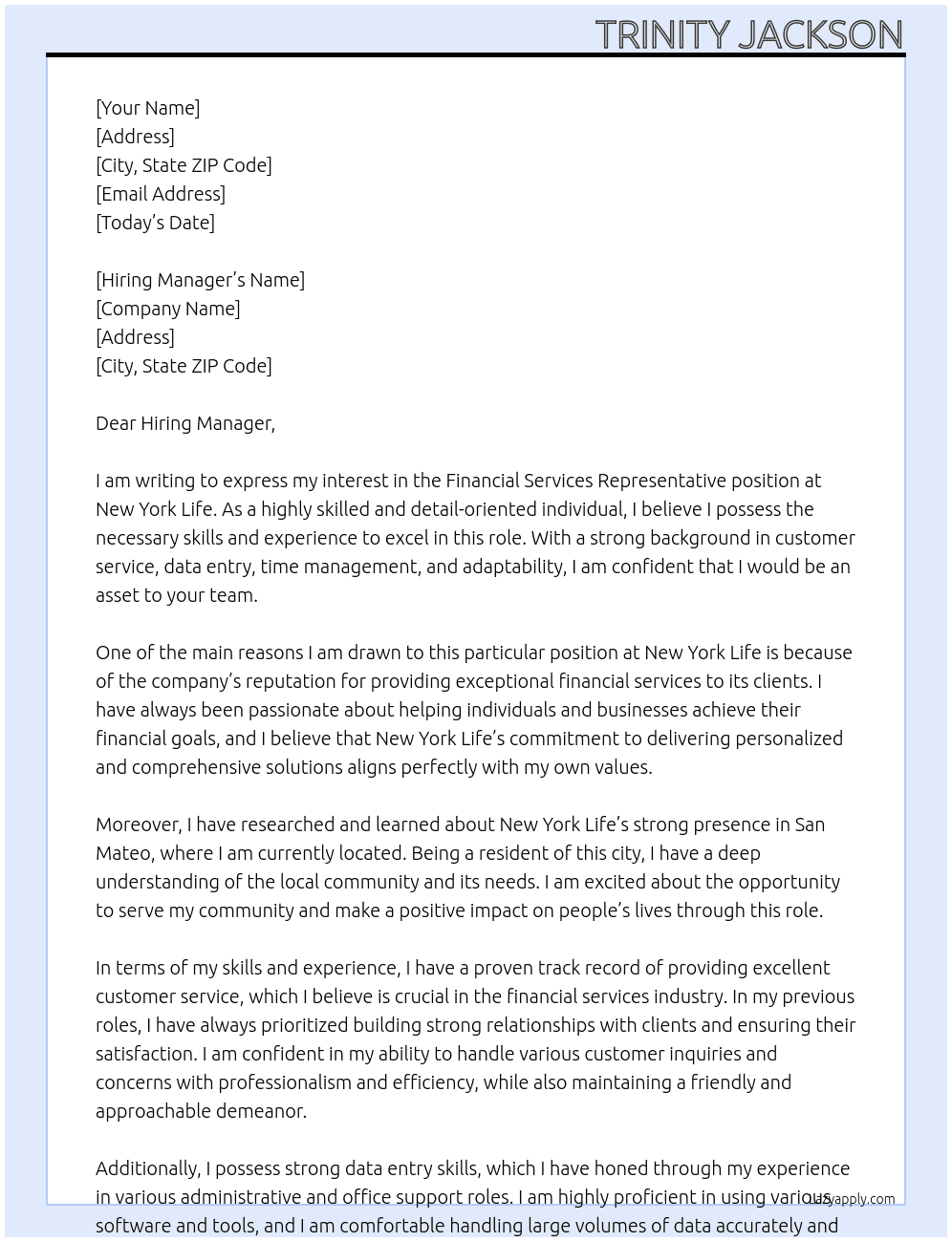Financial Services Representative At New York Life Cover Letter