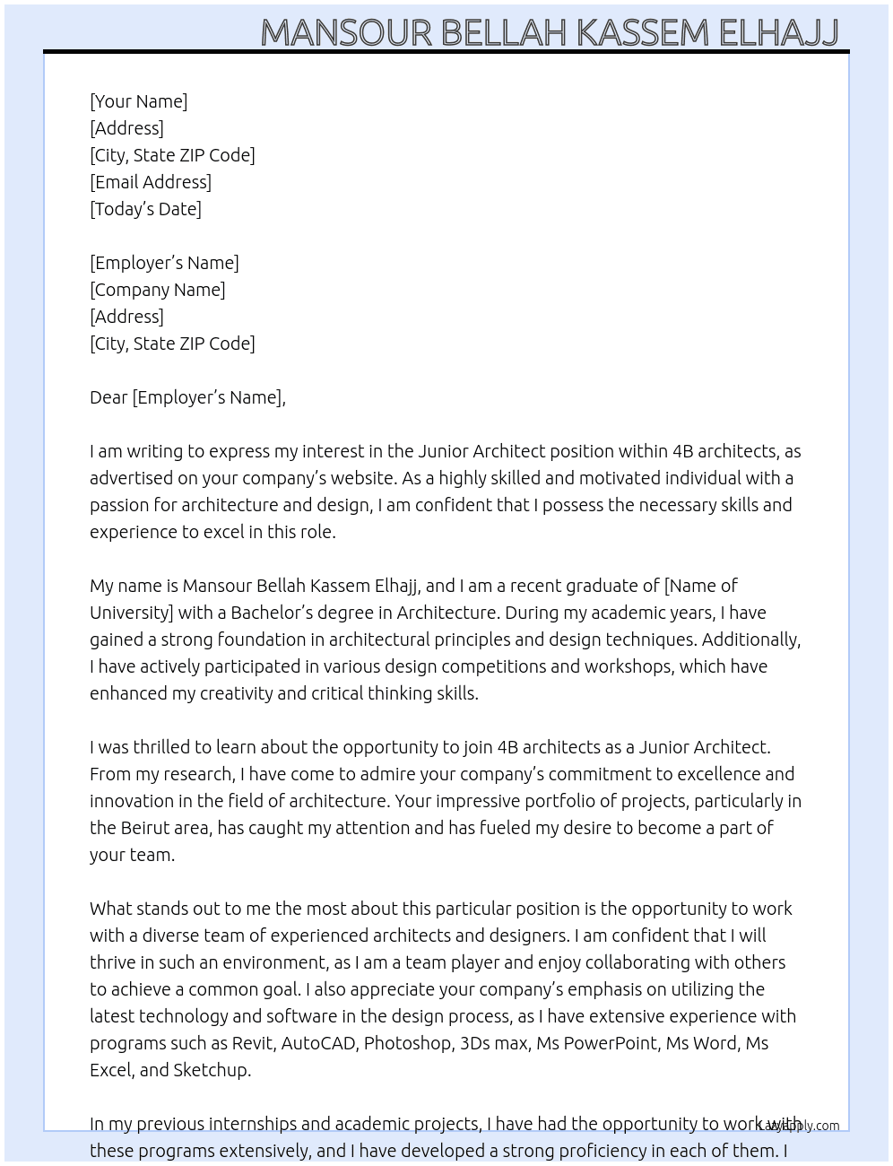 Junior Architect  At 4B architects Cover Letter