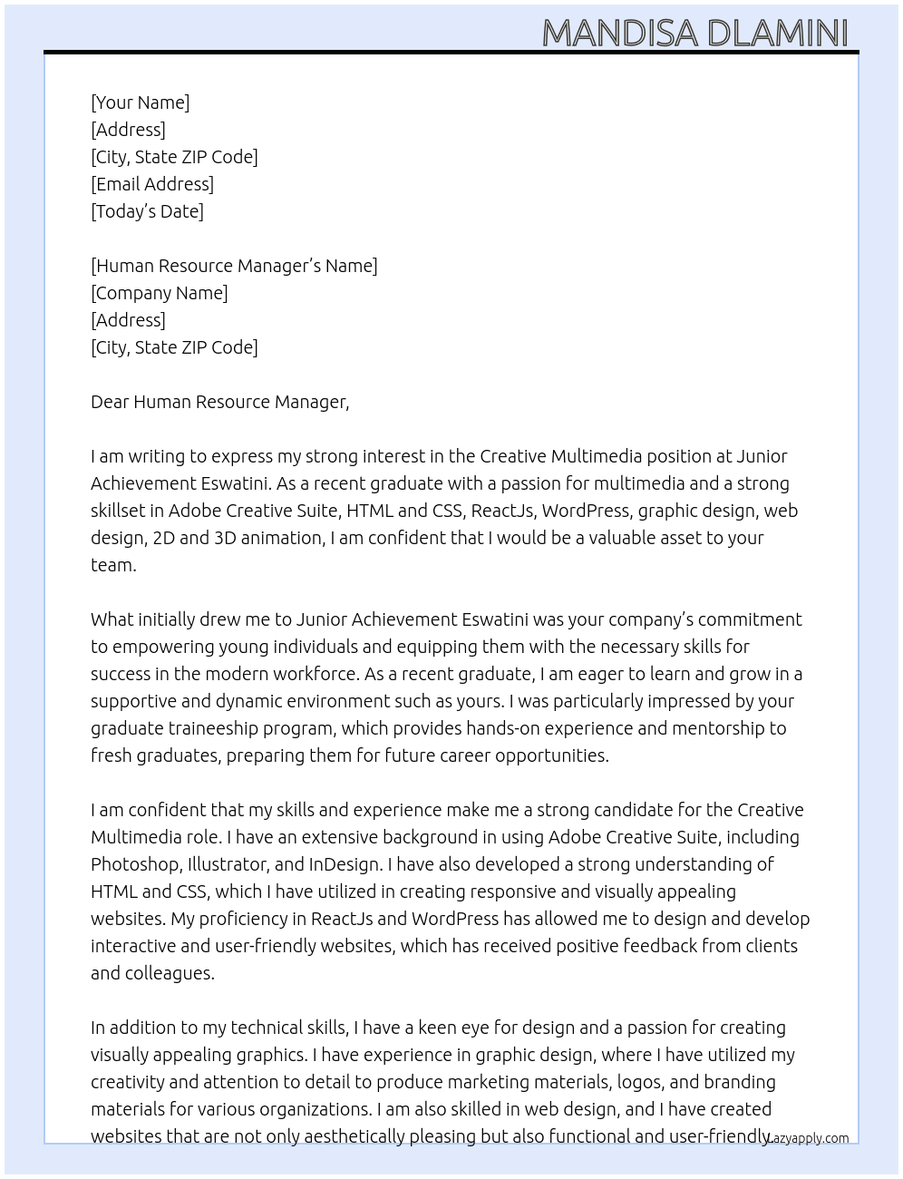 Creative Multimedia  At Junior Achievement Eswatini  Cover Letter