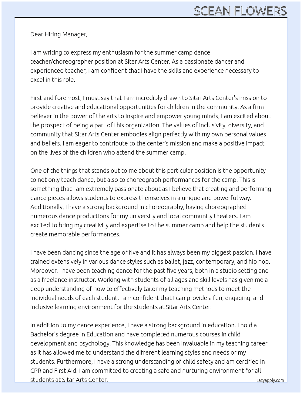 summer camp dance teacher/choreographer  At Sitar Arts Center Cover Letter