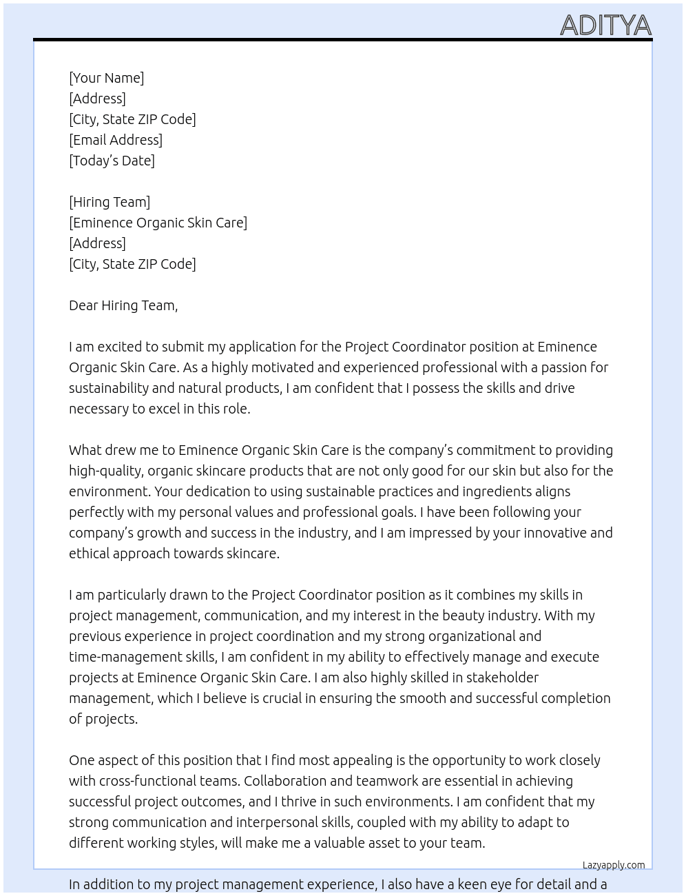 Project Coordinator At Eminence organic skin care Cover Letter