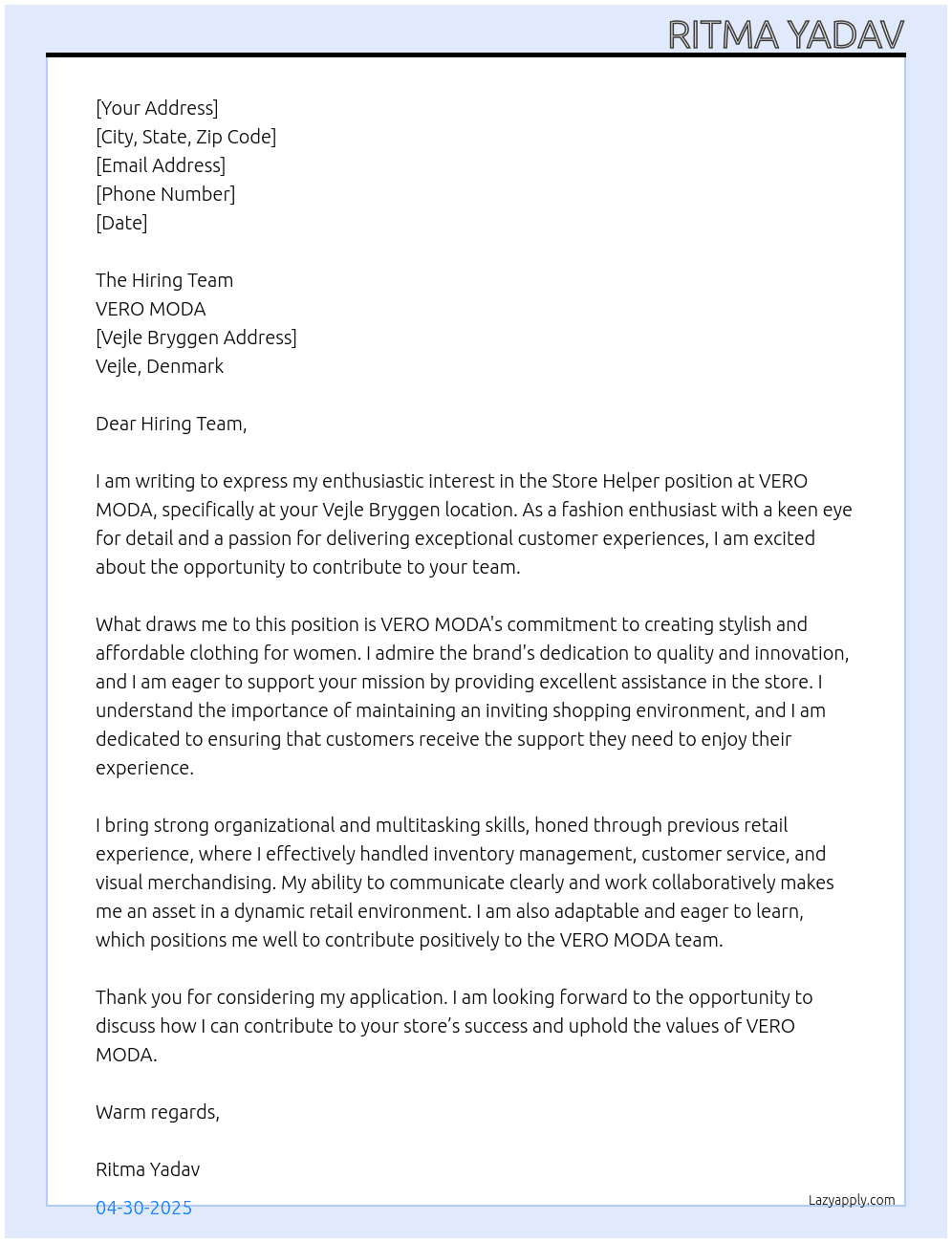 Store Helper At VERO MODA Cover Letter