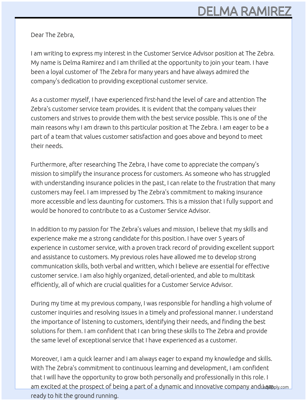 Customer Service Advisor At The Zebra Cover Letter