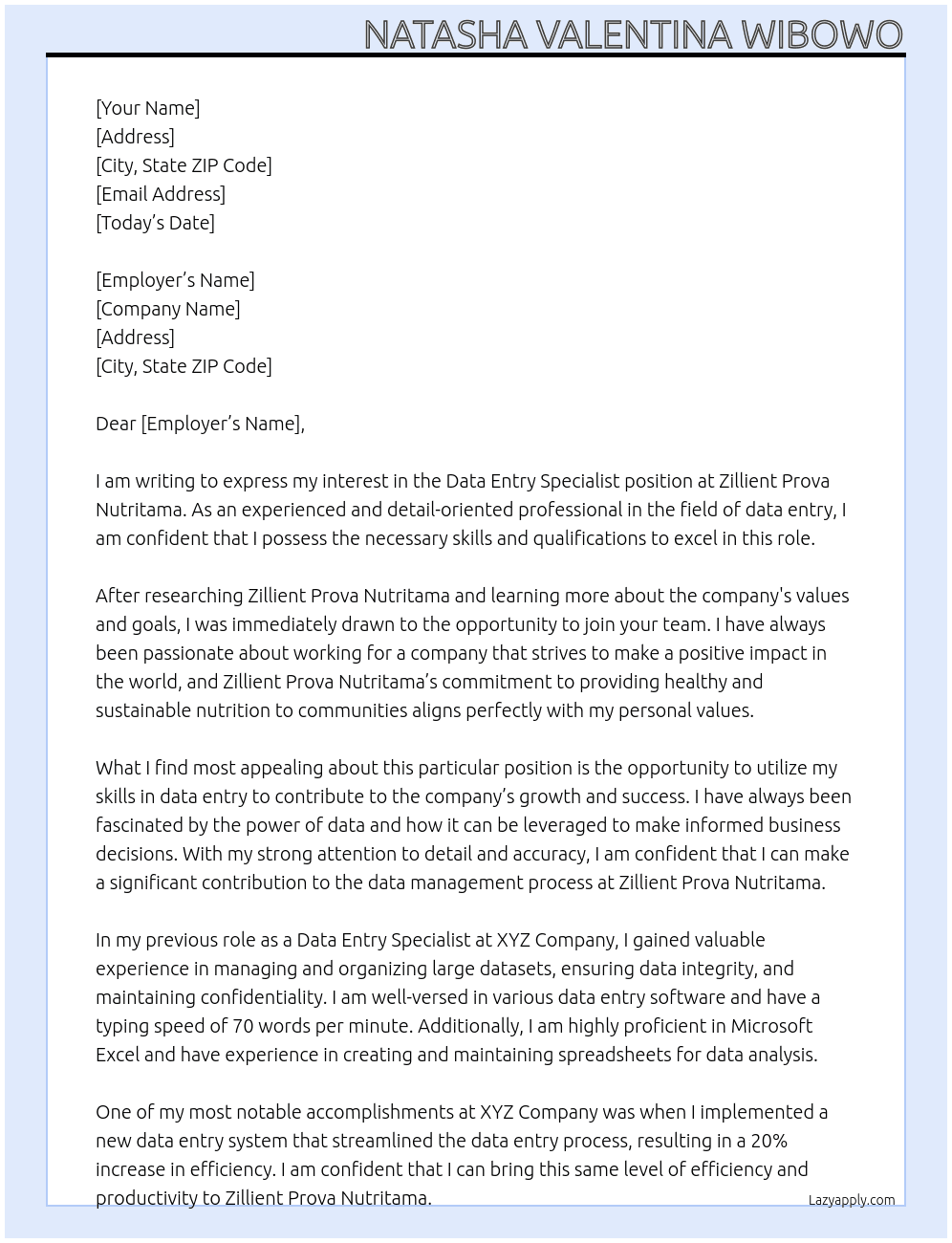 Data Entry Specialist At Zillient Prova Nutritama Cover Letter