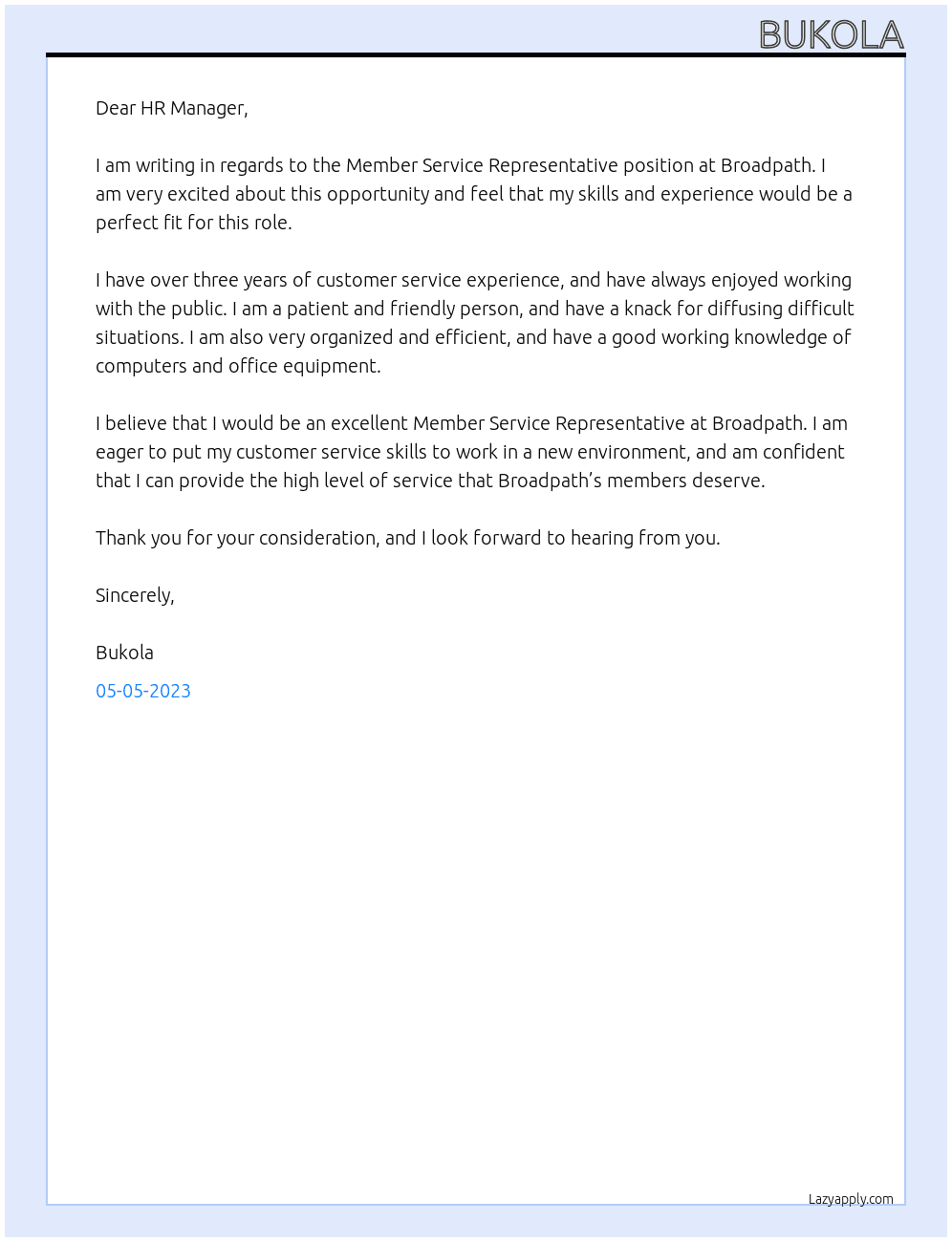 Member Service Representative At  Broadpath Cover Letter