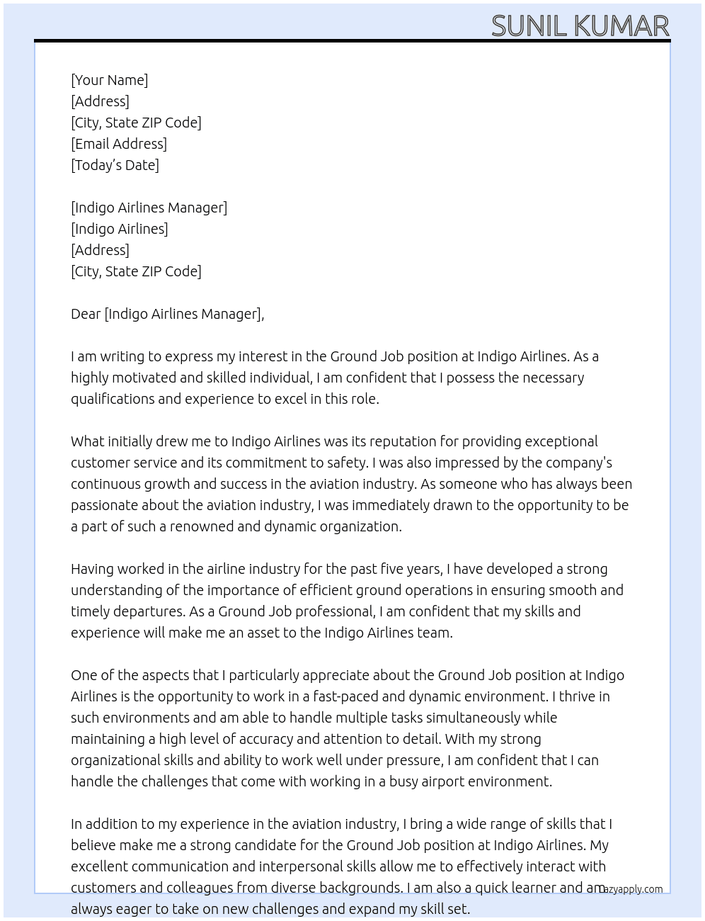Cover letter for gorund job - LazyApply