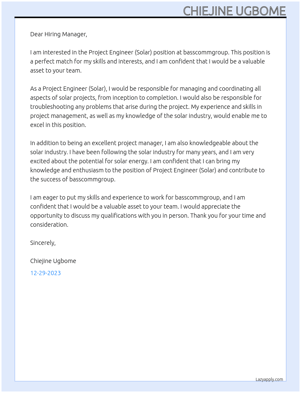 Project Engineer (Solar) At basscommgroup Cover Letter