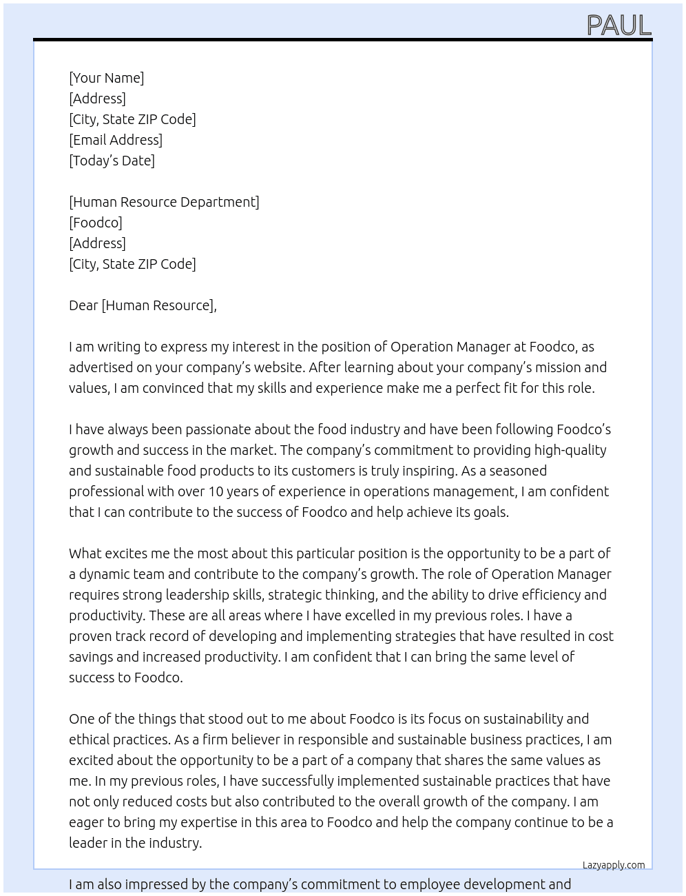 Operation Manager At Foodco Cover Letter