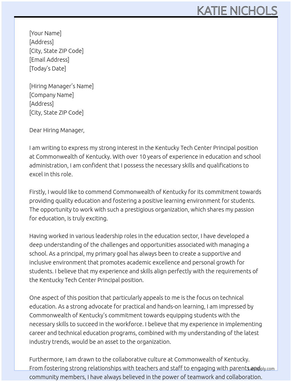 Kentucky Tech Center Principal At Commonwealth of Kentucky Cover Letter