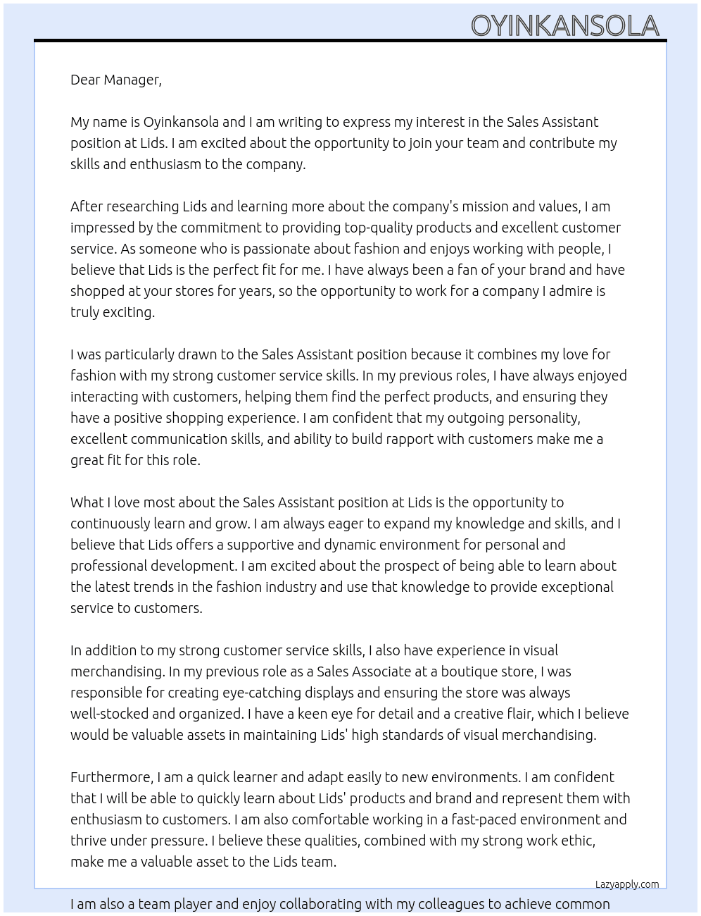 SALES ASSISTANT At lids Cover Letter