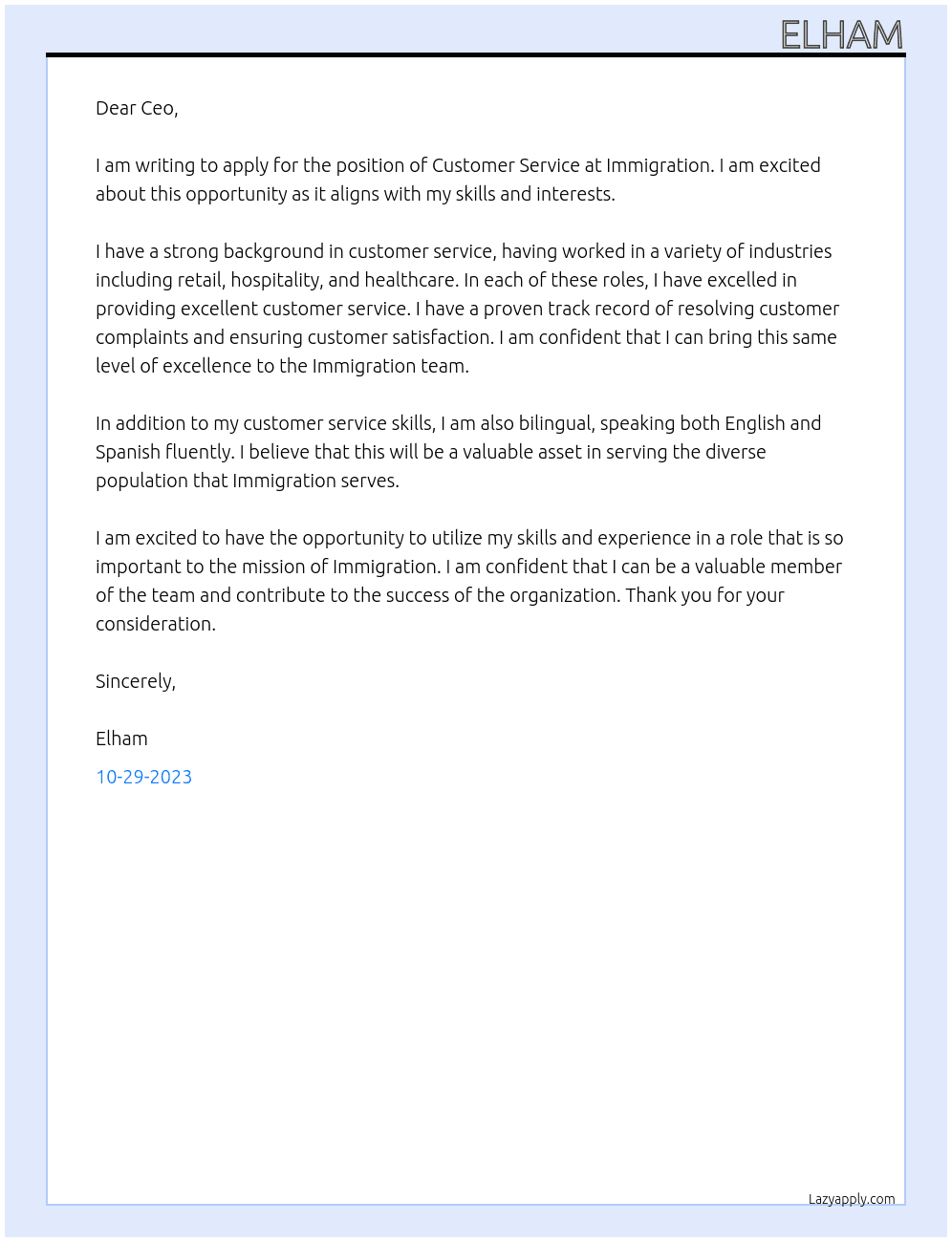 Customer service At Immigration Cover Letter