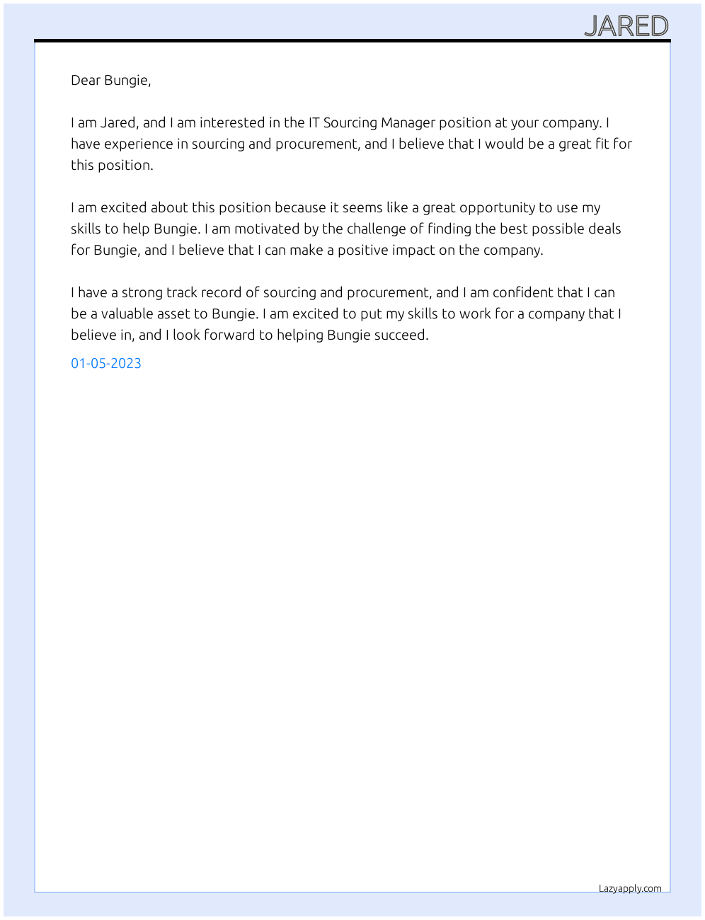 IT Sourcing Manager At Bungie Cover Letter