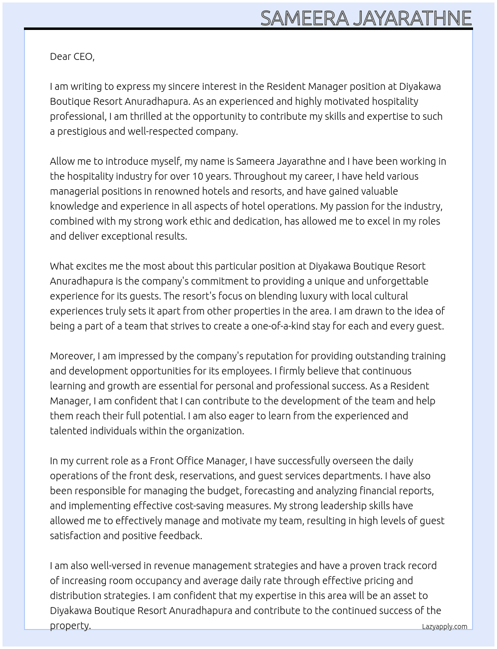 Resident Manager At Diyakawa Boutique Resort Anuradhapura Cover Letter