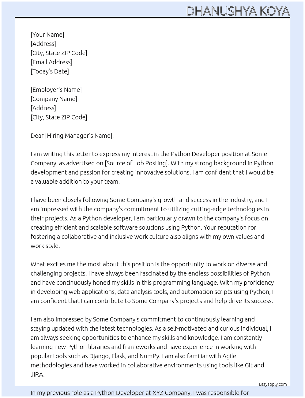 Python developer  At Some company  Cover Letter