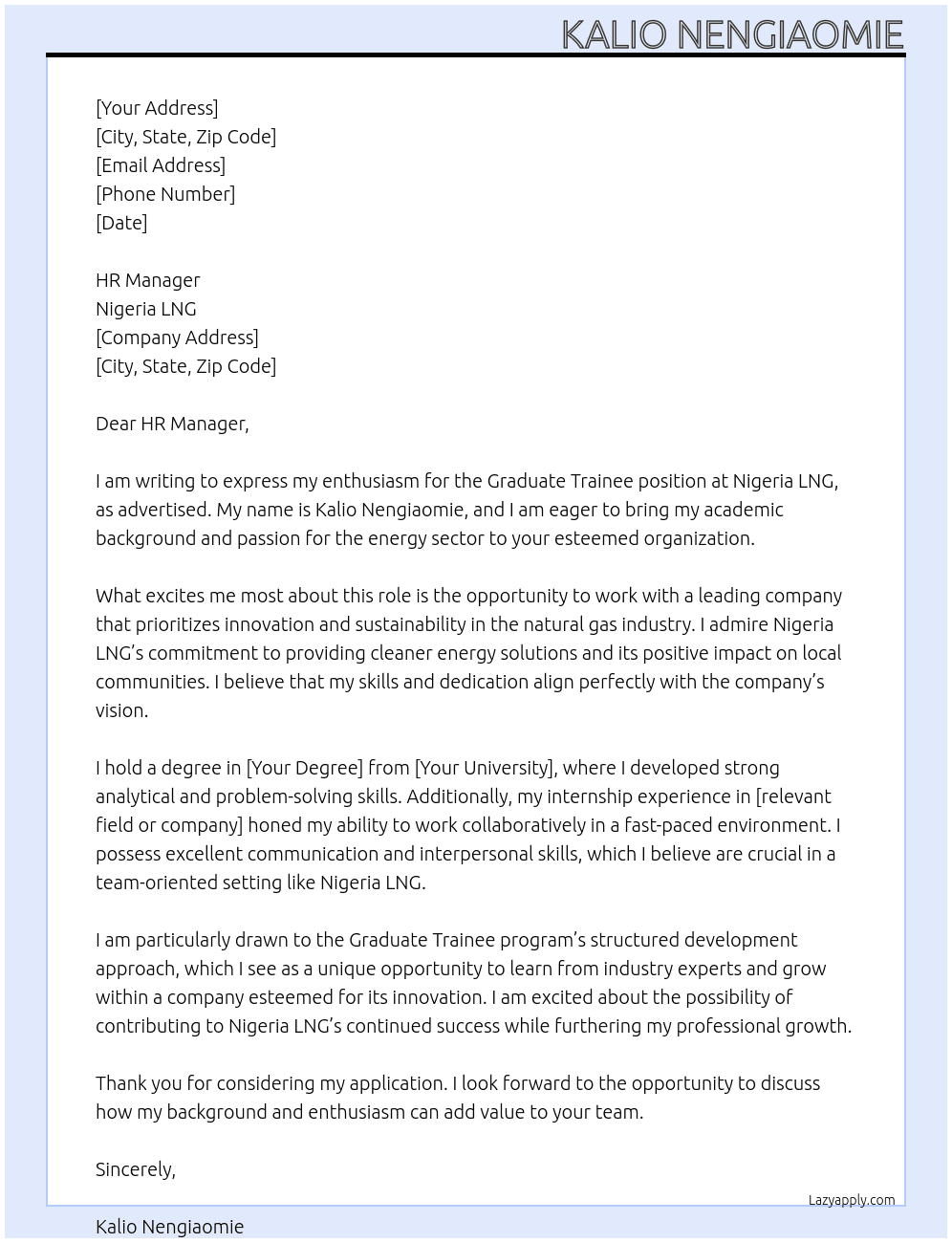 Graduate trainee At Nigeria LNG Cover Letter