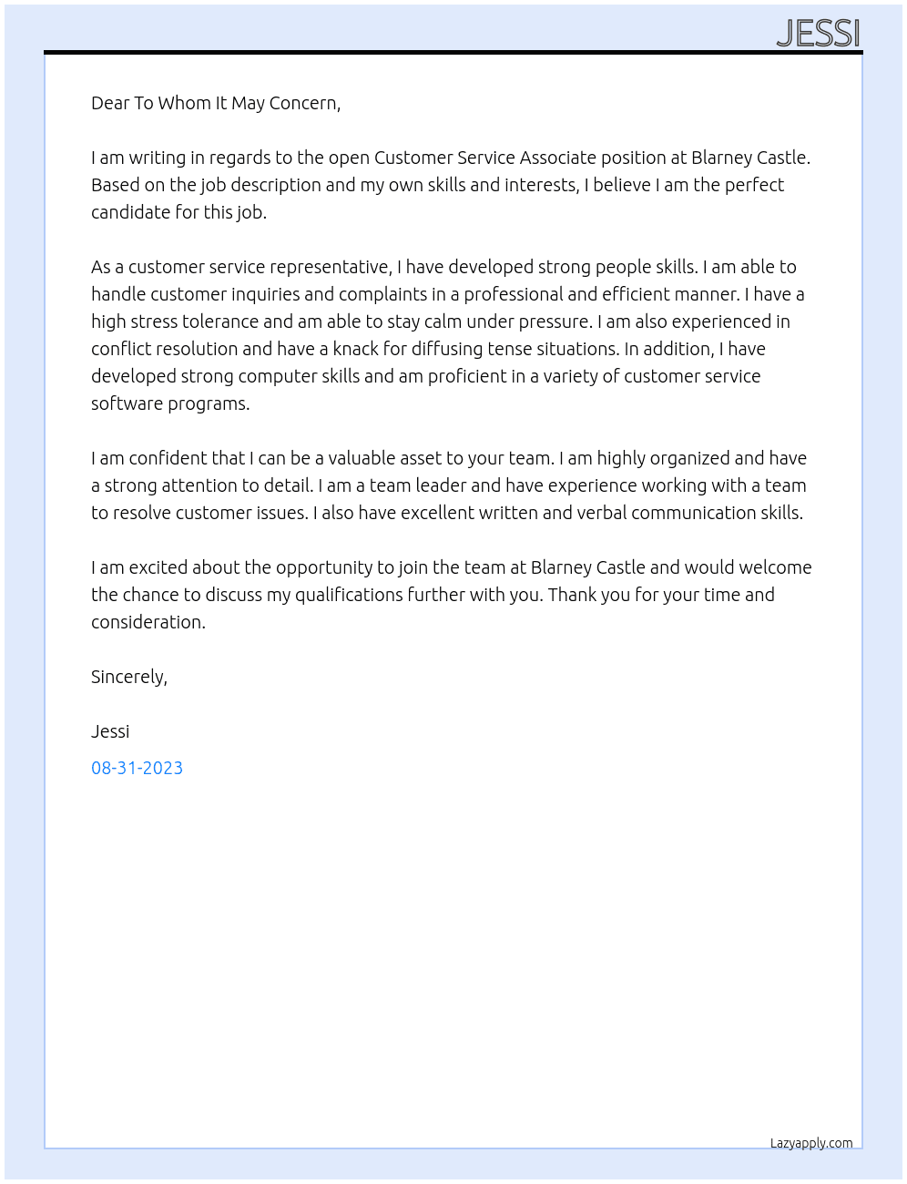 Customer Service Associate At Blarney Castle Cover Letter
