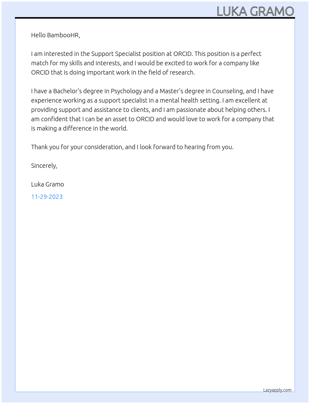 Support Specialist At ORCID Cover Letter