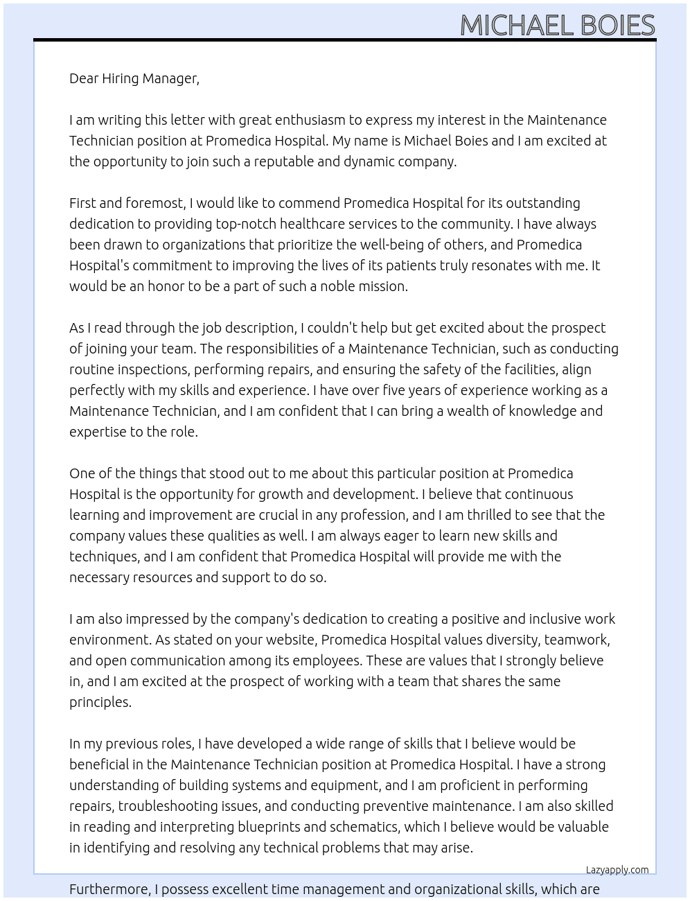 Maintenance Technician  At Promedica Hospital  Cover Letter