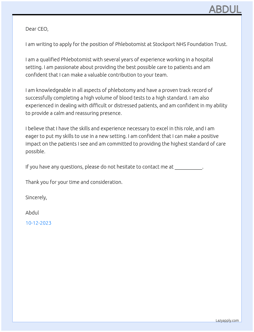 Phlebotomist At Stockport NHS Foundation Trust Cover Letter