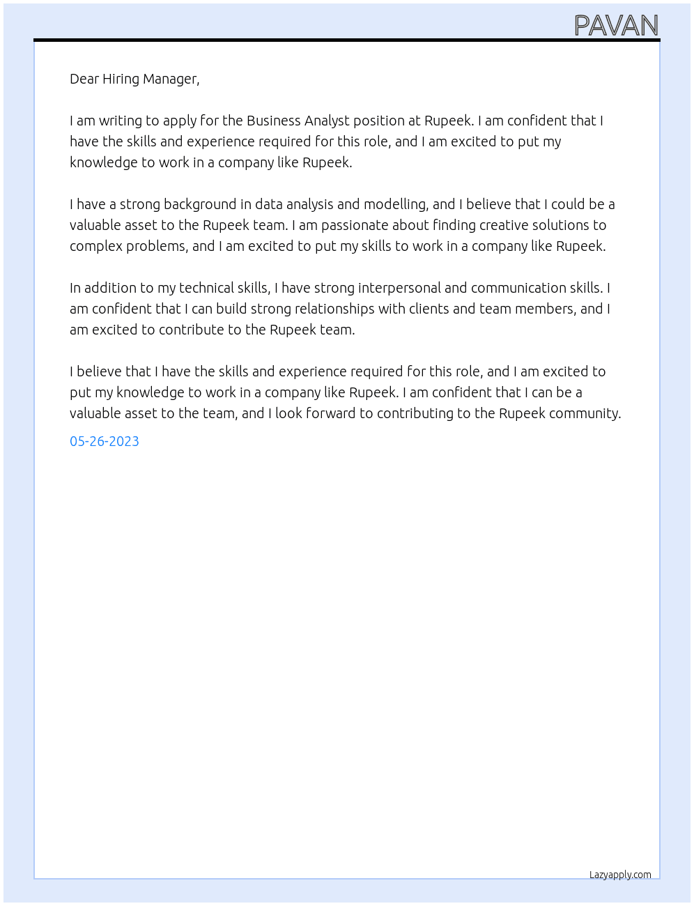 Business analyst At Rupeek Cover Letter