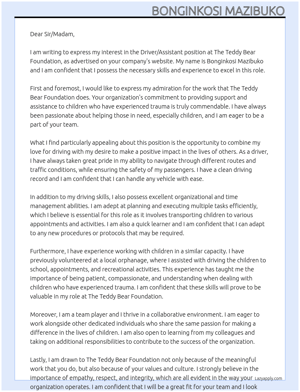 Driver/ Assistant At The Teddy Bear Foundation Cover Letter