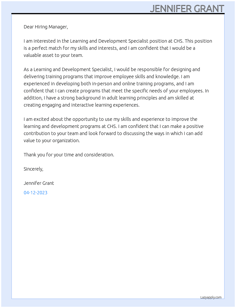 Learning and Development Specialist At CHS Cover Letter