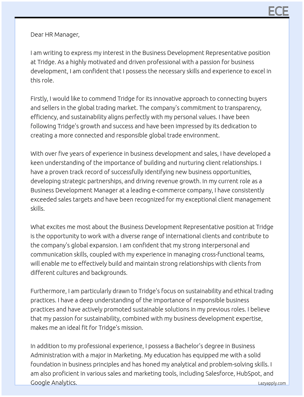 Busines Development representative At Tridge Cover Letter