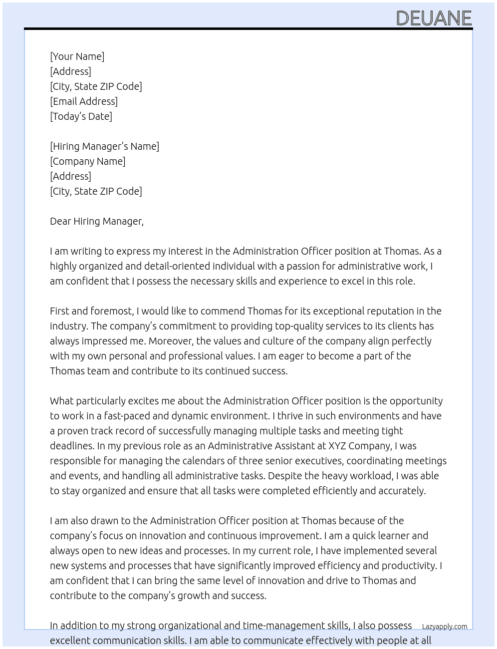 administration officer At Thomas Cover Letter