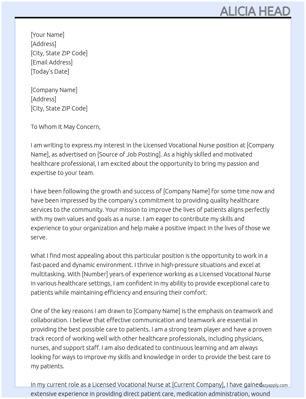 Licensed Vocational Nurse At Nursing Position Cover Letter