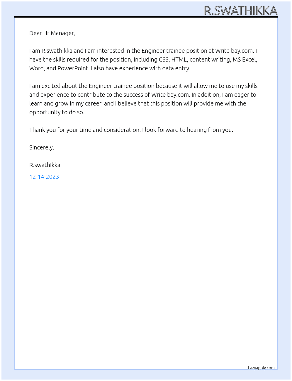 Engineer trainee At Write bay.com Cover Letter