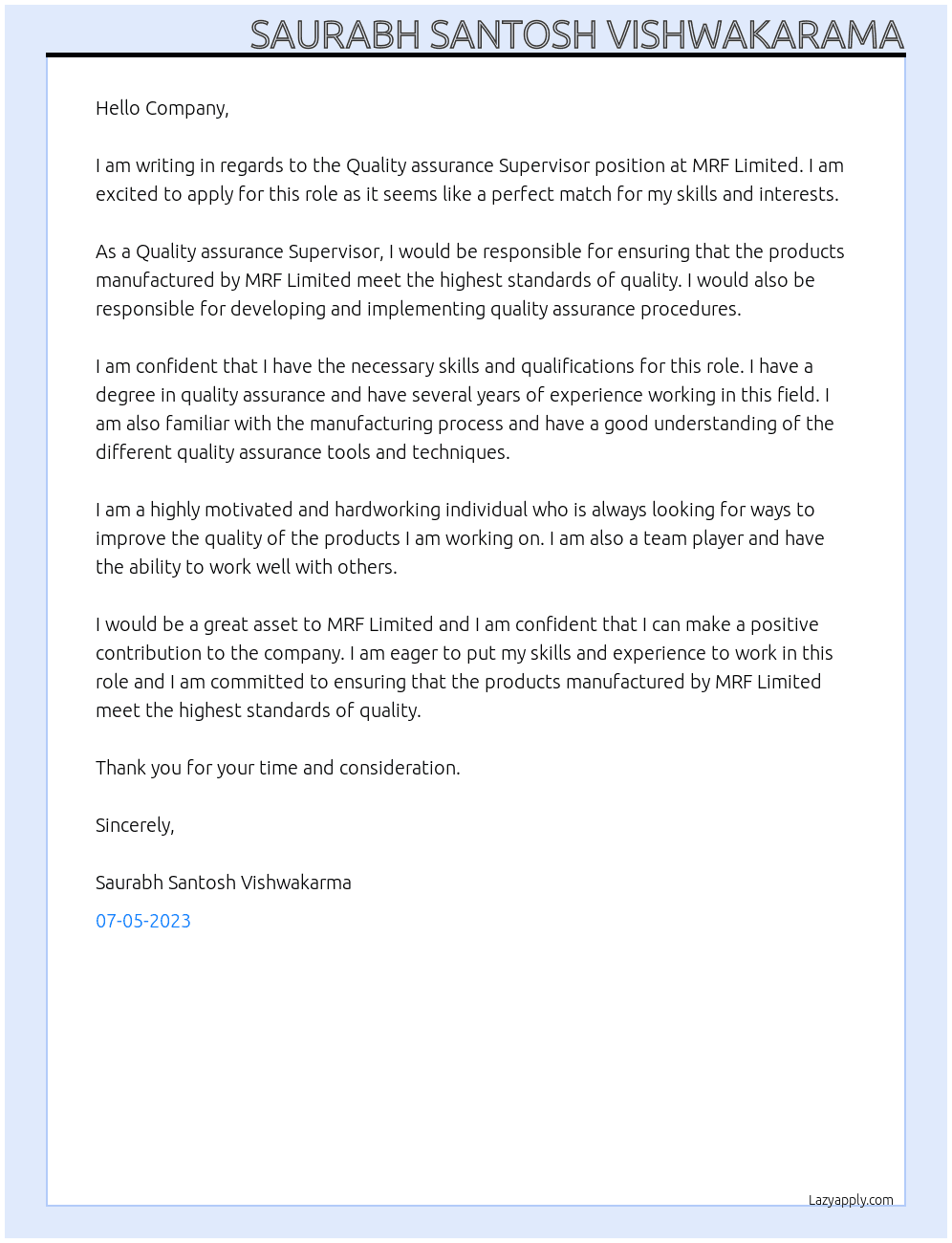 Quality assurance Supervisor  At MRF LIMITED  Cover Letter