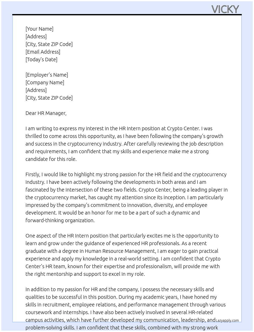HR Intern  At Crypto Center  Cover Letter