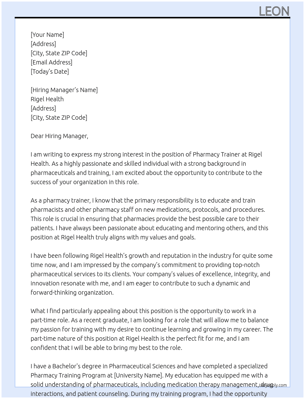  Pharmacy Trainer At Rigel Health Cover Letter