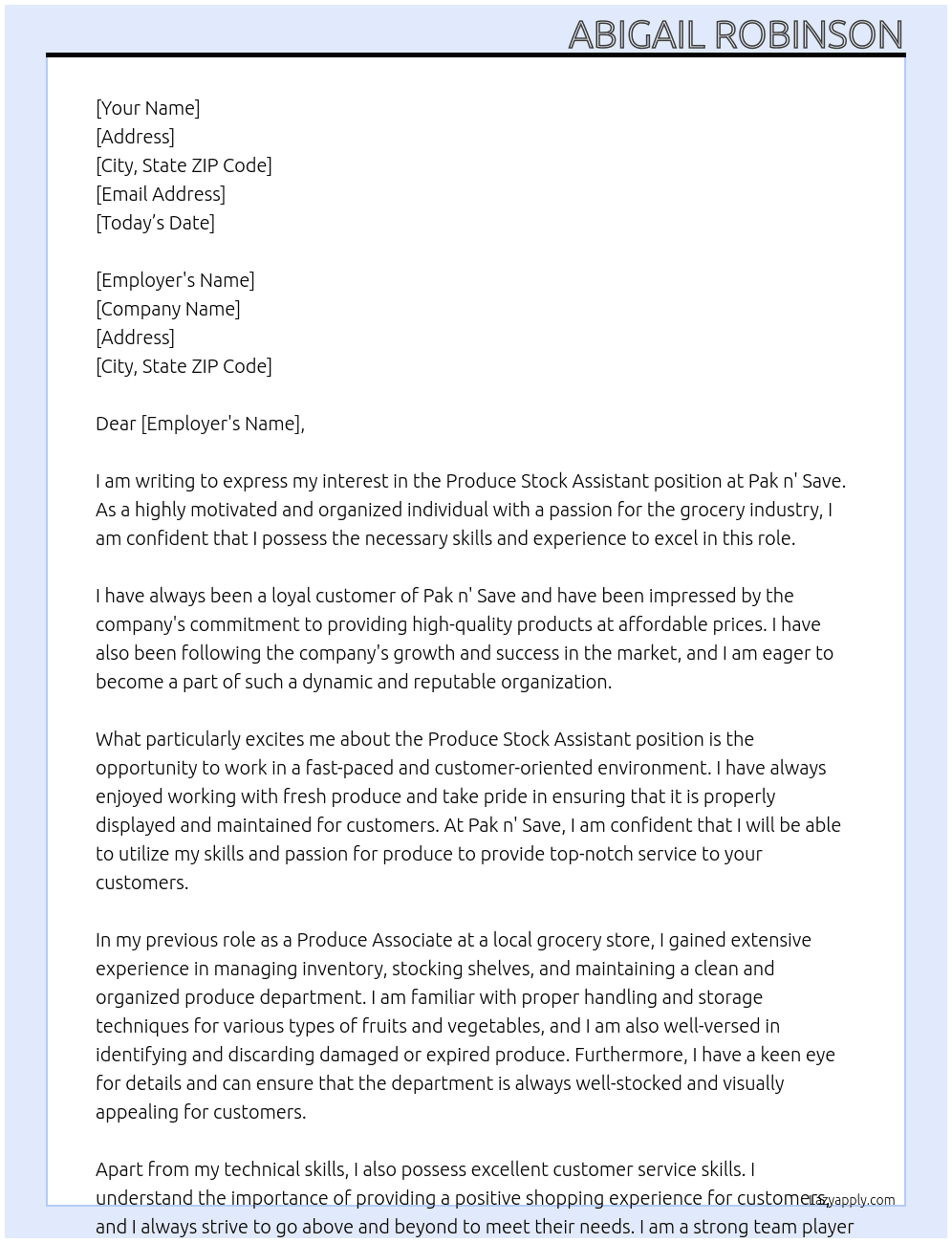 Cover letter for produce stock assistent - LazyApply