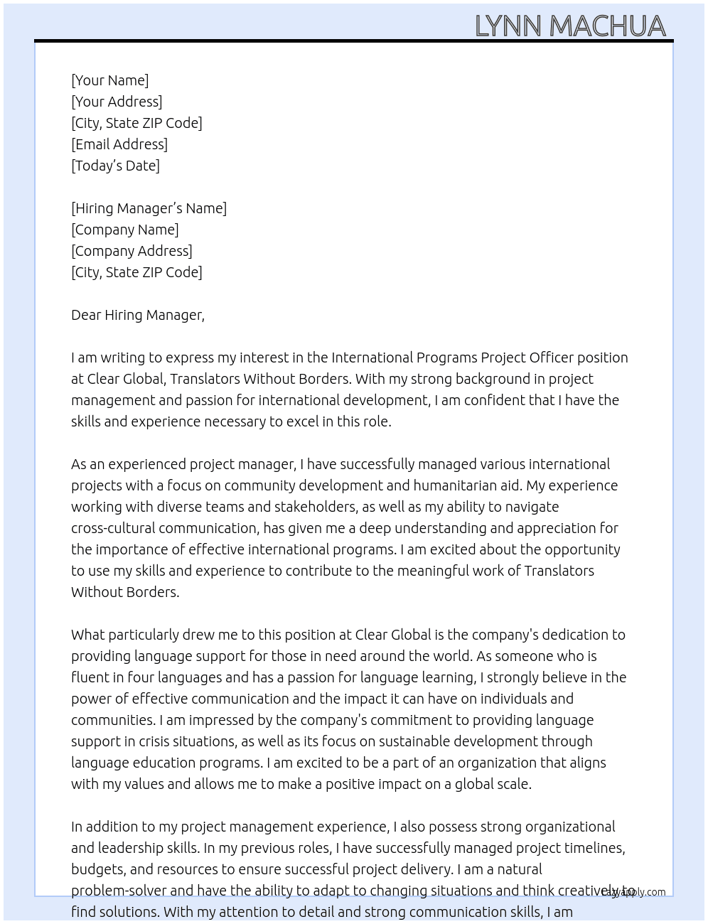 International programs project officer  At Clear global,  translators without borders Cover Letter