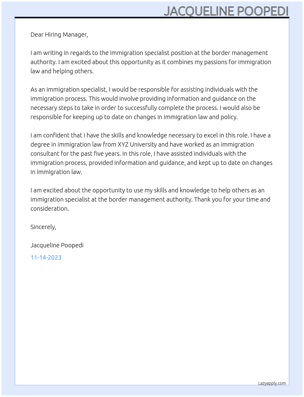 immigration specialist At border management authority Cover Letter