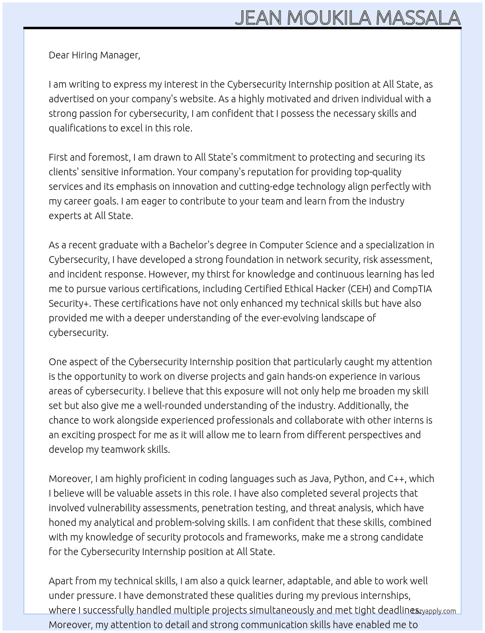 Cybersecurity Internship At All State Cover Letter