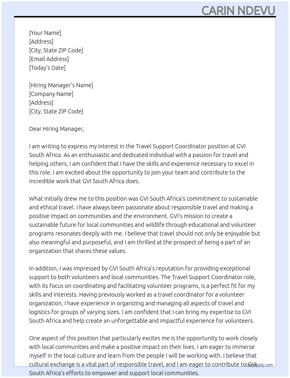 Travel Support Coordinator At GVI South Africa Cover Letter