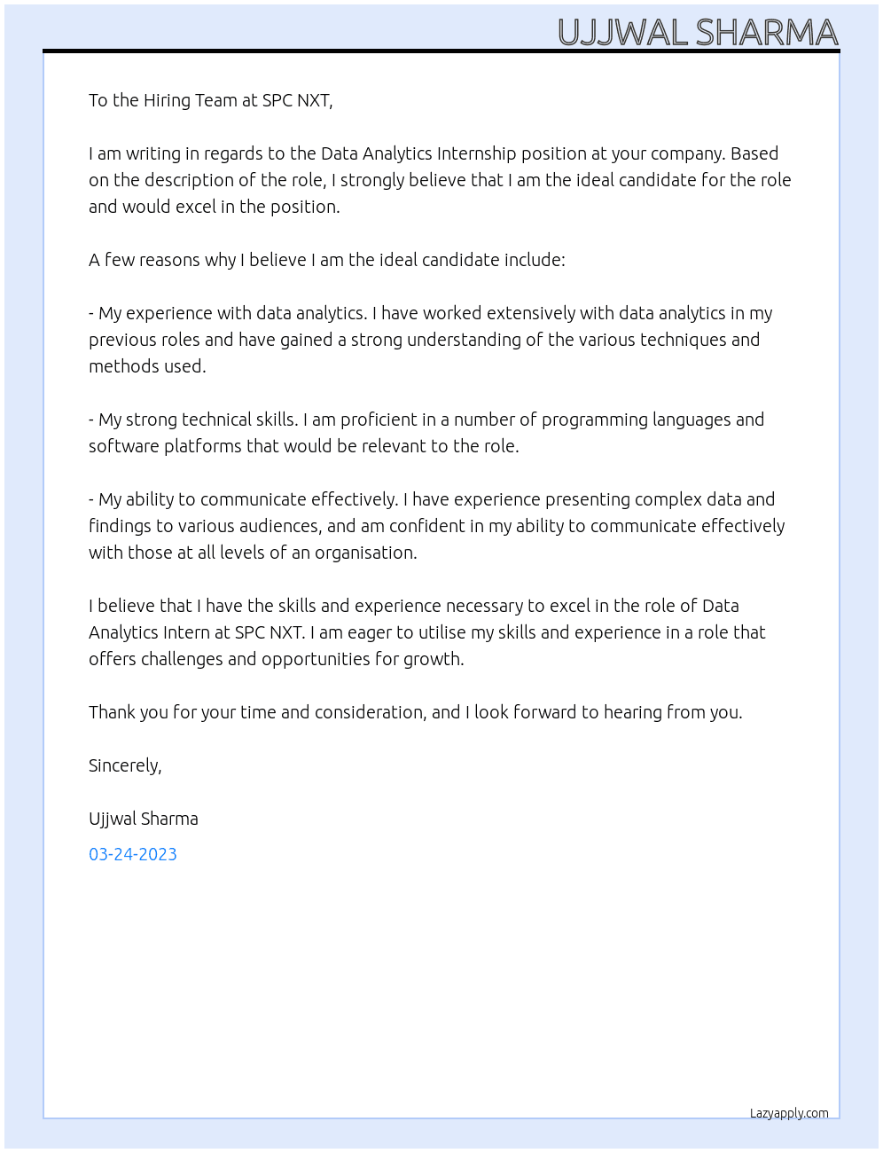 Data Analytics Internship At Data Analytics internship at SPC NXT Cover Letter