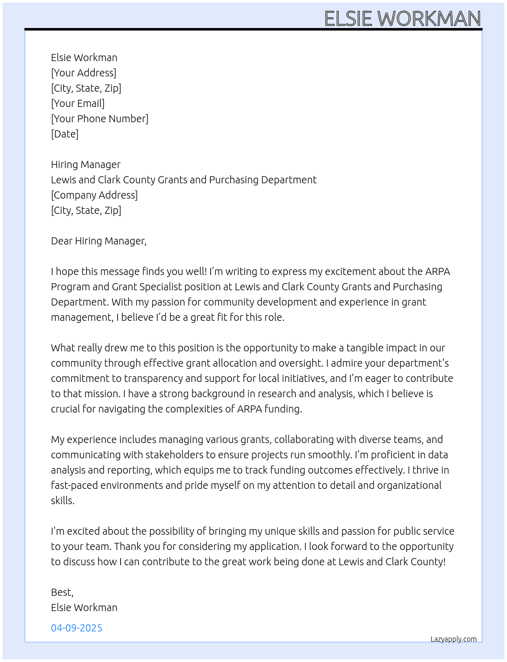 Cover letter for arpa program and grant specialist - LazyApply
