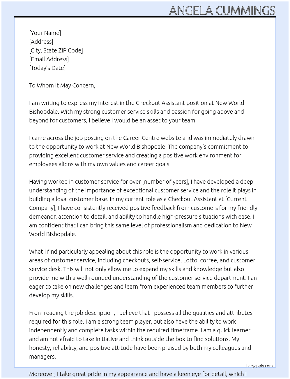 Checkout Assistant - New World Bishopdale At New World Bishopdale  Cover Letter